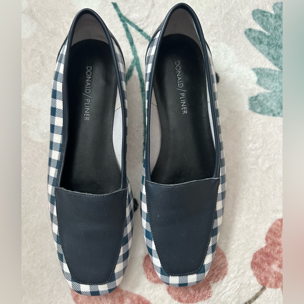 Donald Pliner Deedee Navy Gingham Slip On Calf Leather Loafers Flats Women 7.5 M